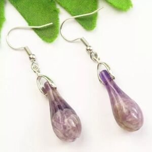 1 Pair Amethyst Natural Gemstone Bud Flower Carved Bead Gold Tone Earrings NEW